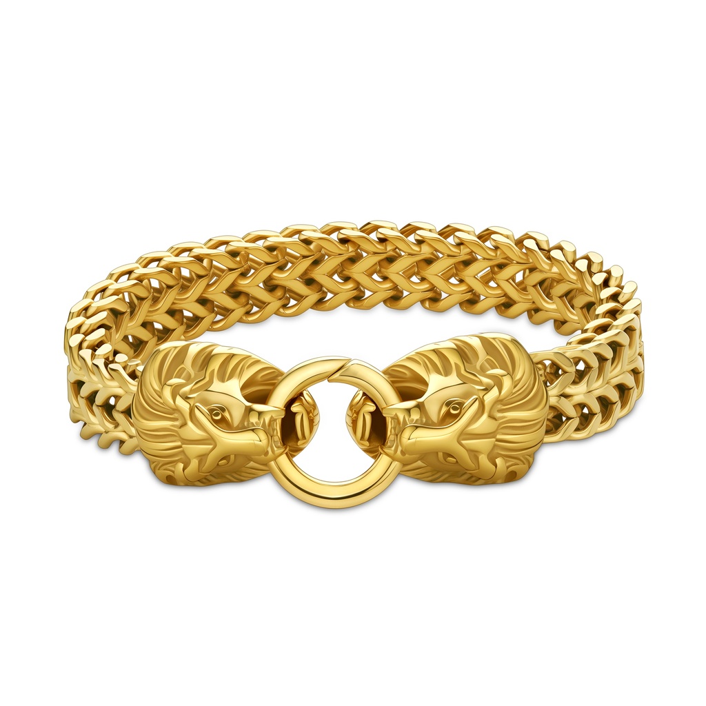 [DJ01B0029] Bold Gold Lion Head Bracelet with Woven Stainless Steel Chain