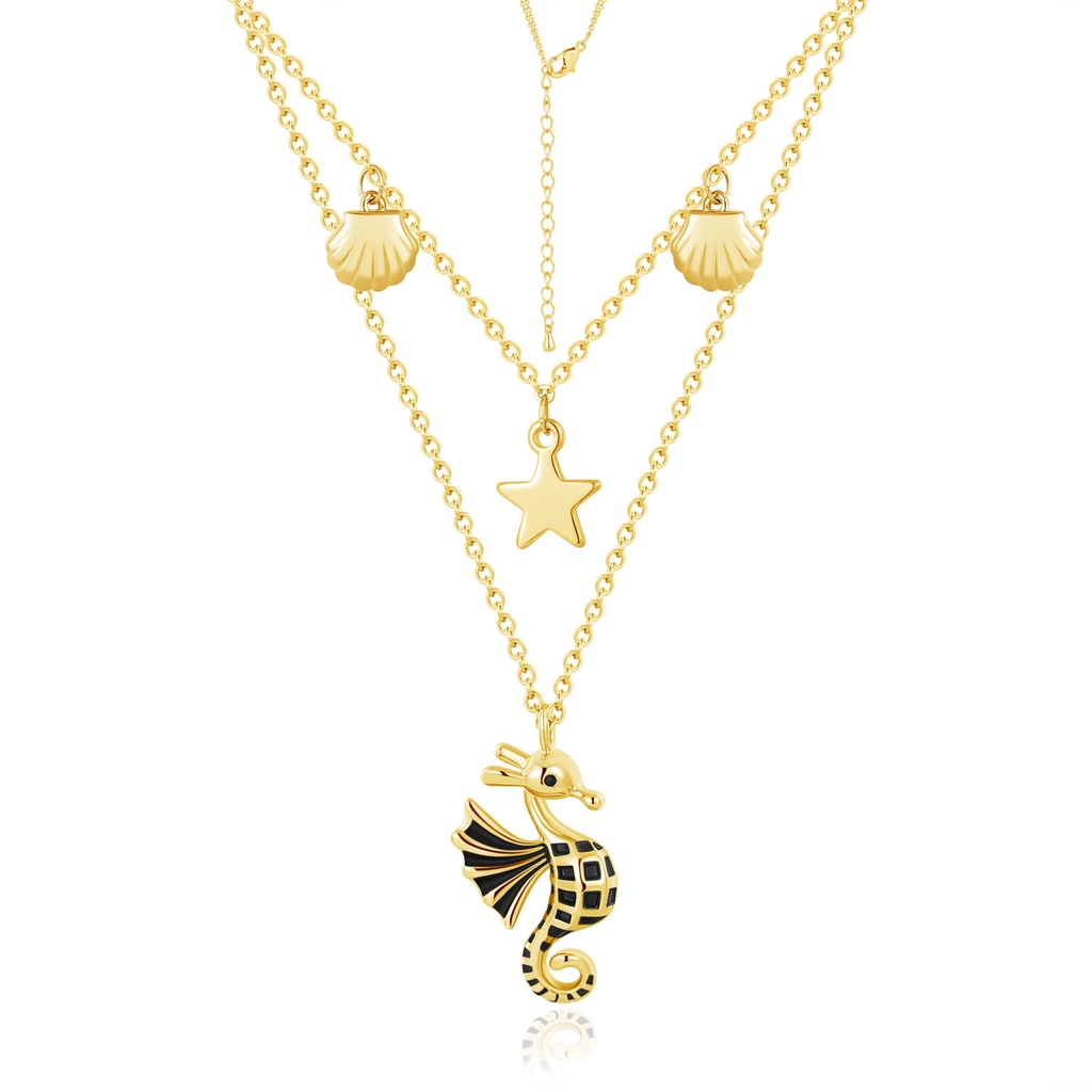 Layered Starfish Necklace with Gold Shell and Seahorse Charms