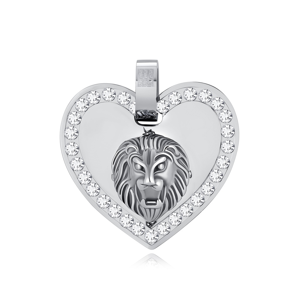 Lion Head Heart Pendant with Crystal Accents, Stainless Steel