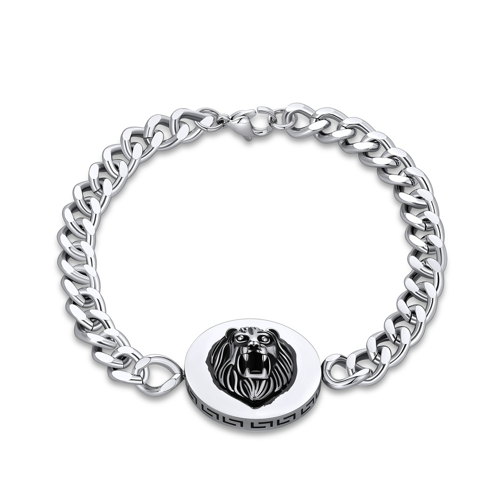Lion Head Stainless Steel Chain Bracelet with Greek Key Detail