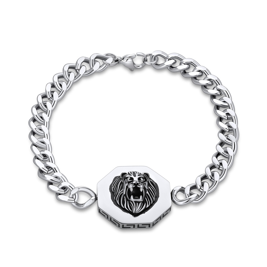 Lion Head Stainless Steel Chain Bracelet with Greek Key Pattern
