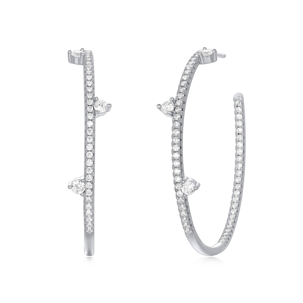 Long pavé hoop earrings with floating pear-shaped crystal accents