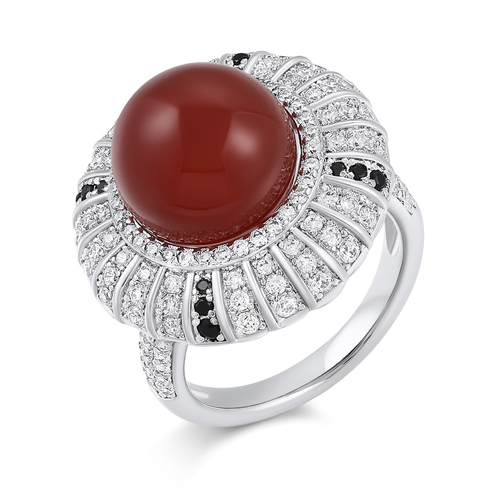 Luxurious Brass Ring With Red Cabochon And CZ Halo
