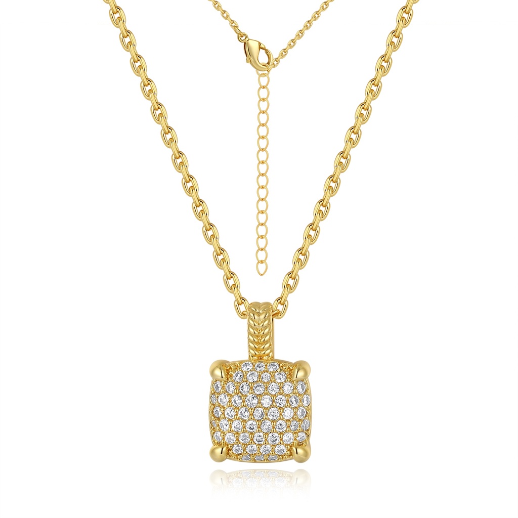 Luxurious gold necklace with cushion pavé pendant and bold chain.