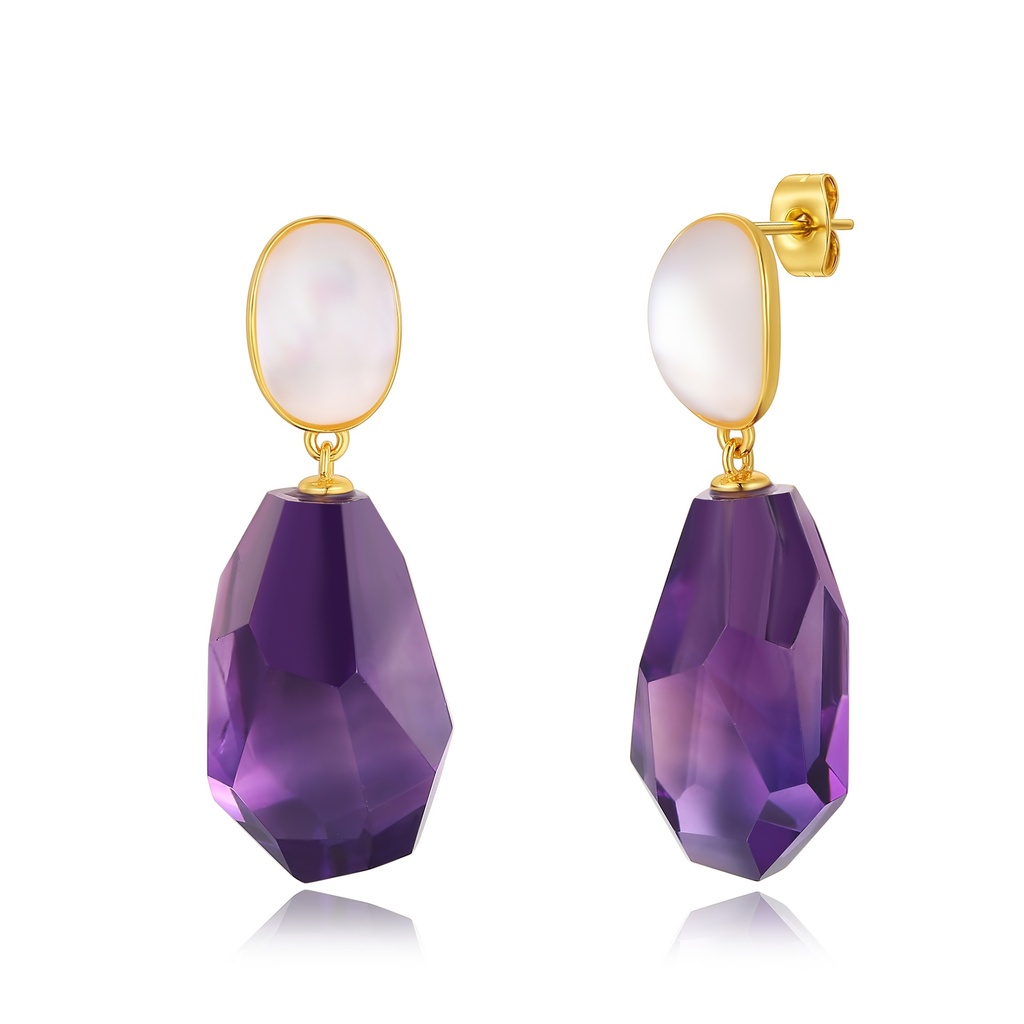 Luxury Amethyst Purple Drop Earrings with Pearl and Gold