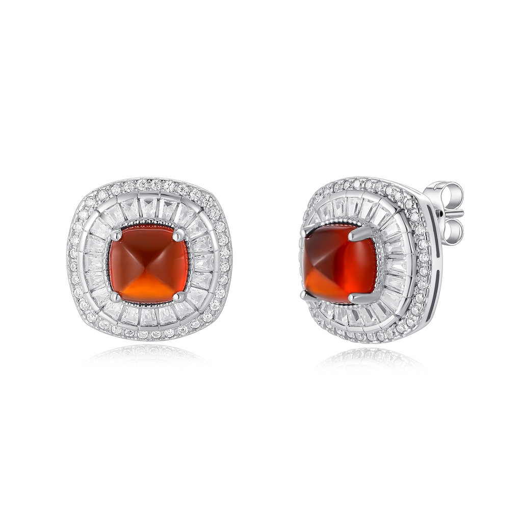 Luxury Red Gem Stainless Steel Stud Earrings with Crystal Halo