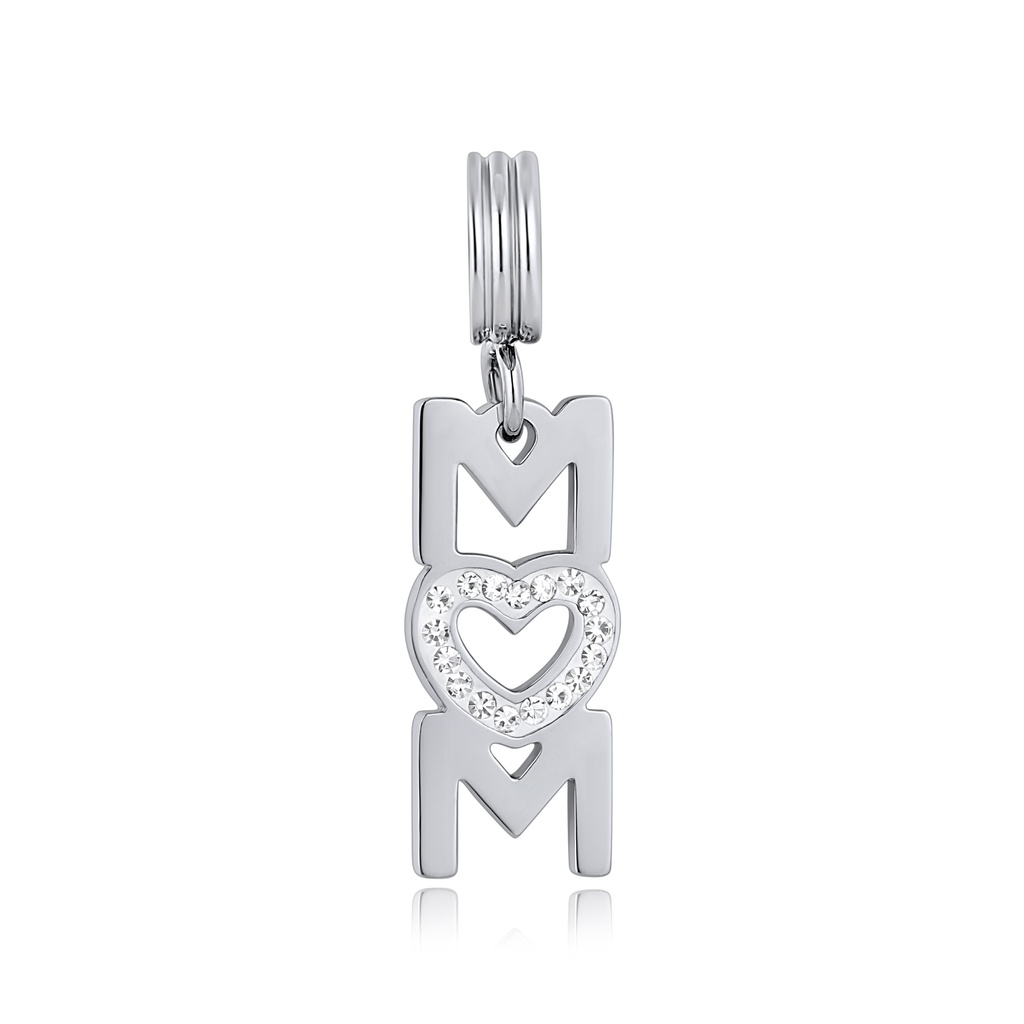 MOM Charm Pendant with Heart-Shaped Crystal Accent