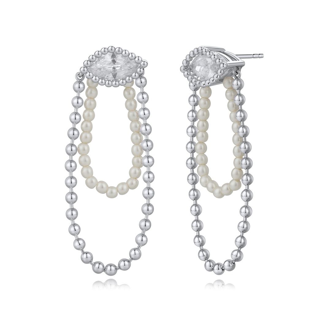Marquise Zircon and Faux Pearl Beaded Hoop Drop Earrings