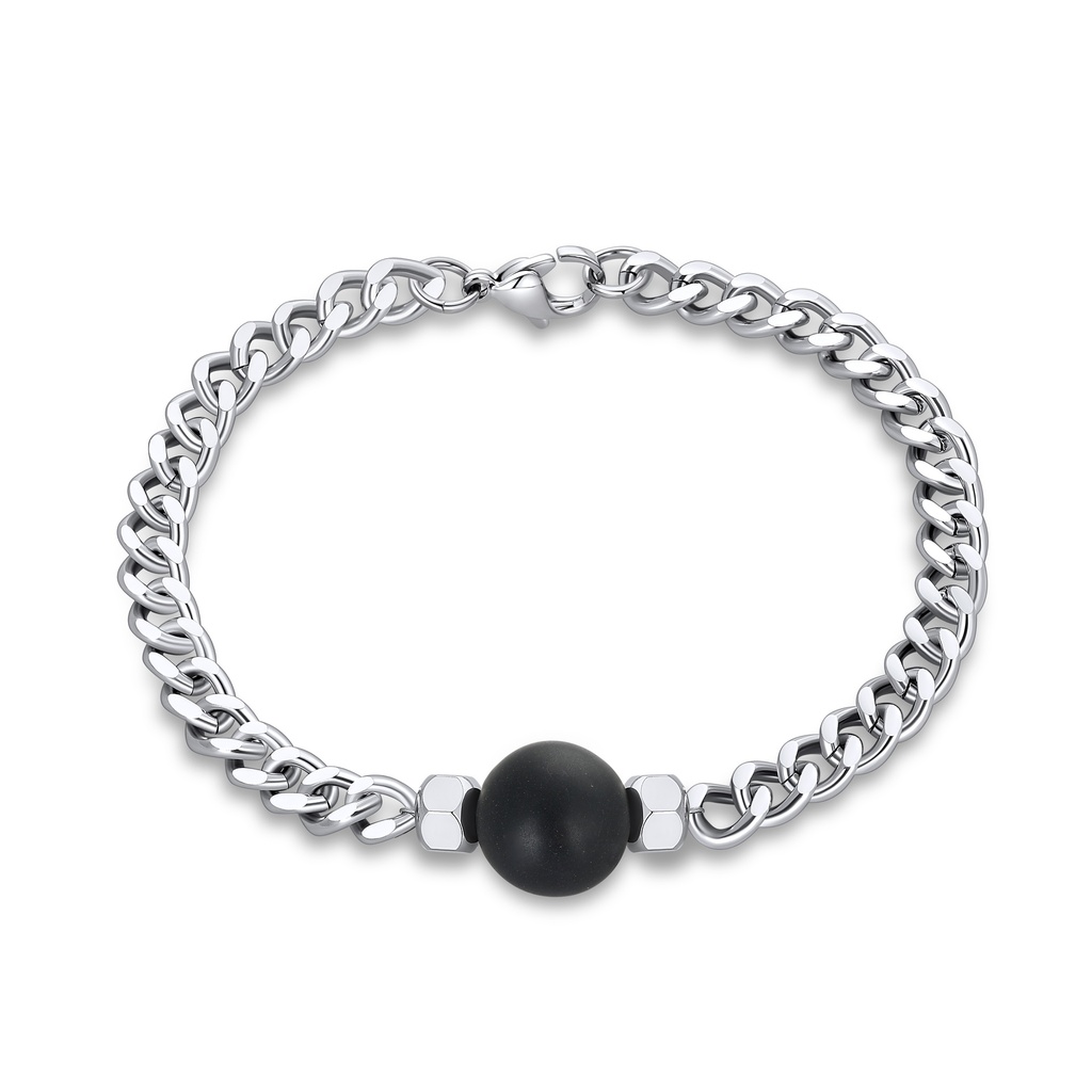Matte Black Agate and Stainless Steel Chain Bracelet
