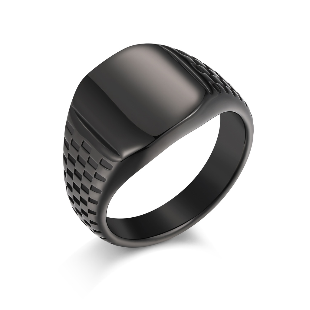 Matte Black Stainless Steel Ring with Subtle Grid Side Pattern
