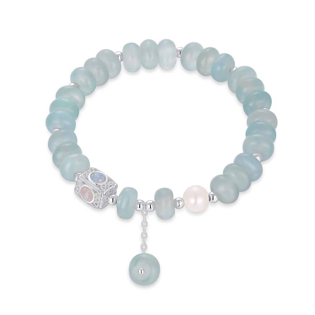Matte aqua bracelet with opal charm and pearl detail