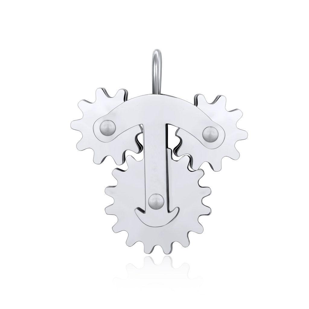 Mechanical-inspired pendant with polished gears for steampunk and tech style.