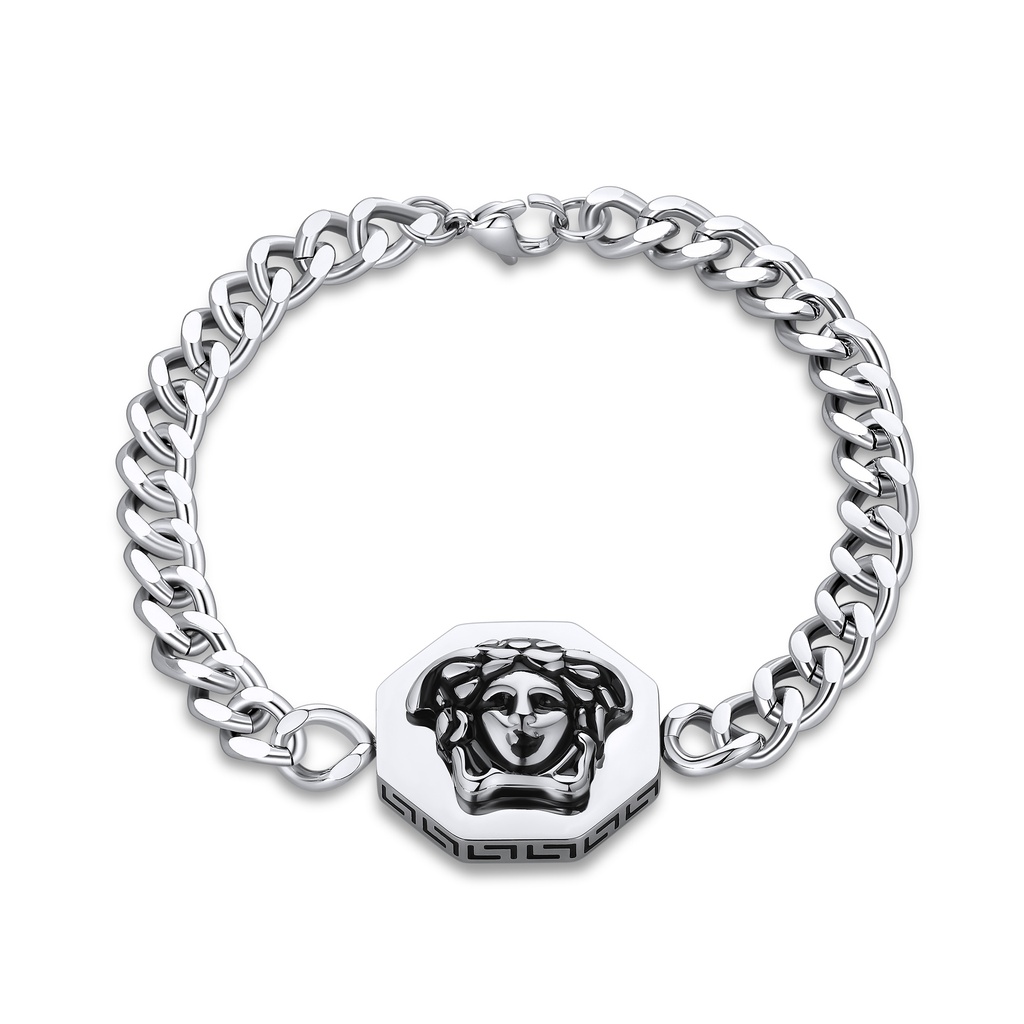 Medusa Charm Stainless Steel Chain Bracelet with Greek Key Detail