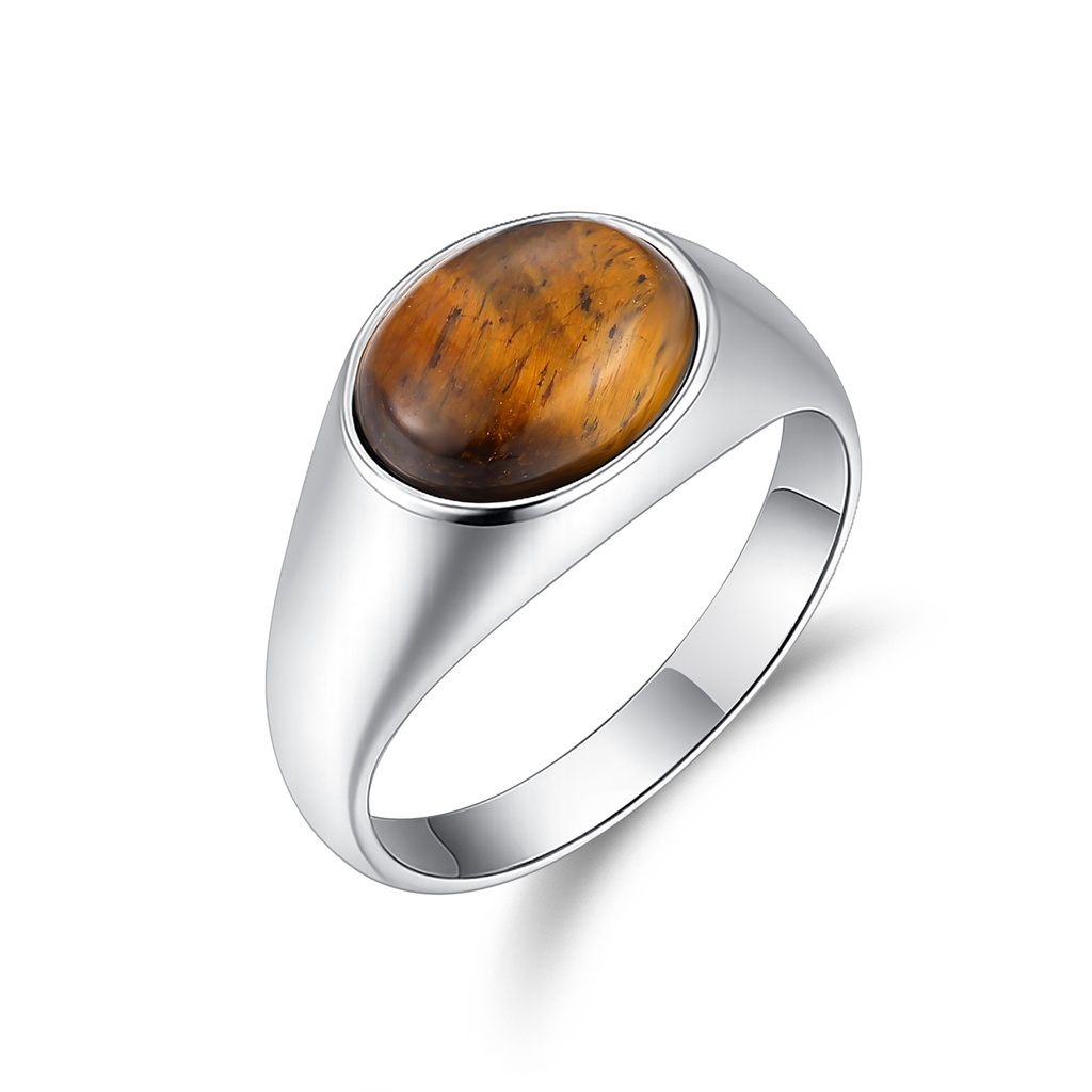 Men's Stainless Steel Ring with Oval Tiger Eye Stone