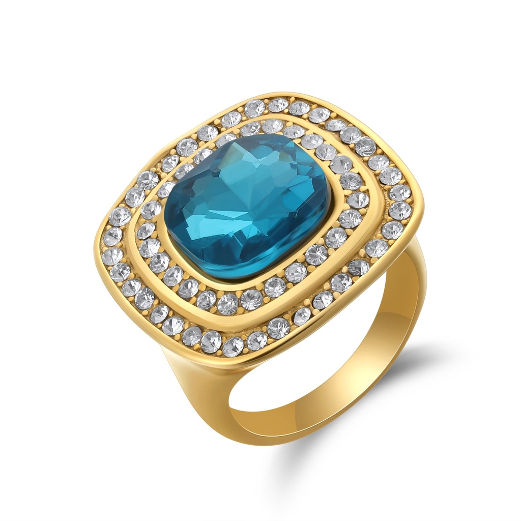 [DJ01R0064] Bold Gold Stainless Steel Cocktail Ring with Blue Gemstone and Double Crystal Halos