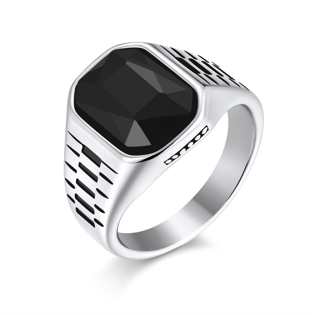 Men’s Signet Ring with Black Gem and Etched Details