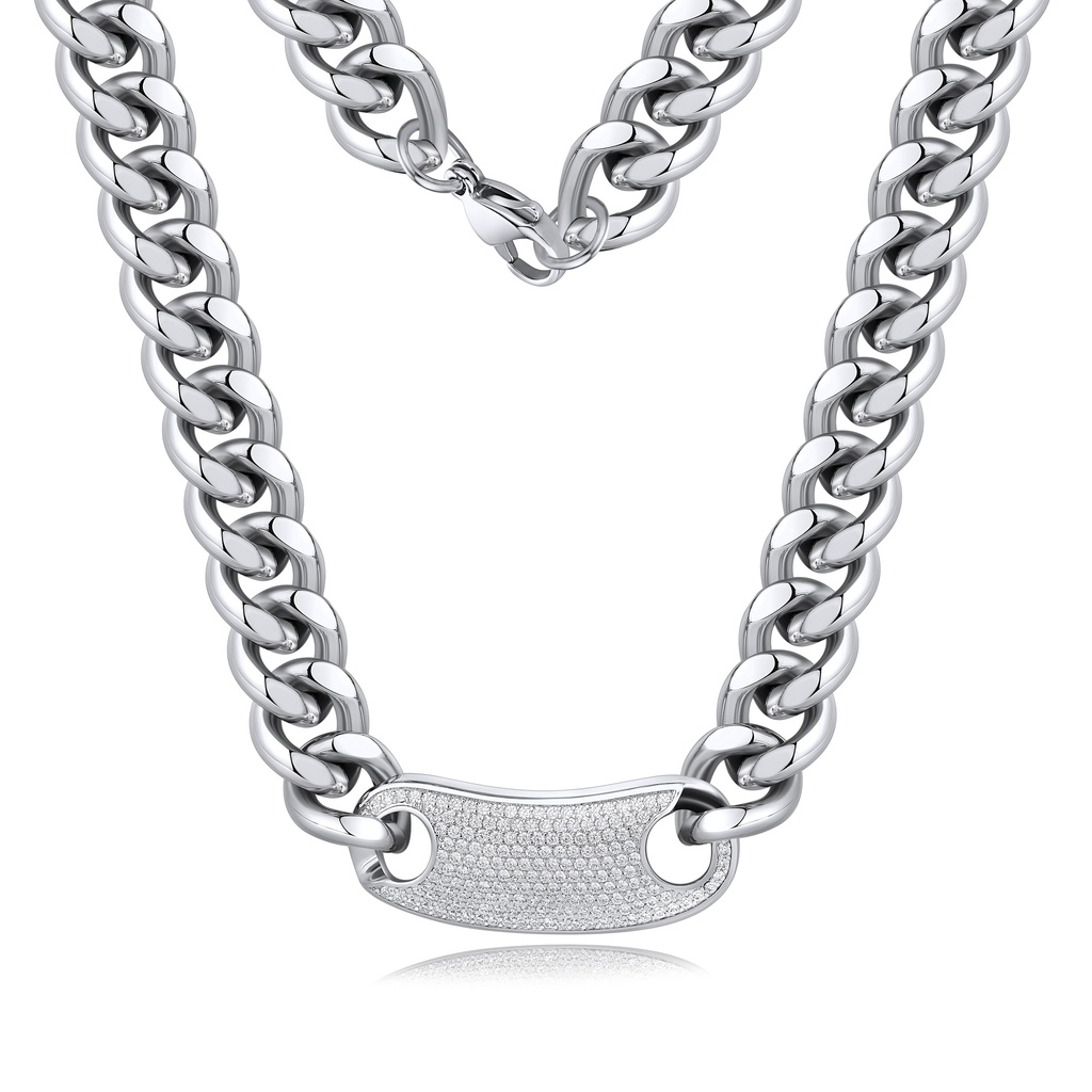 Men’s Stainless Steel Cuban Chain Necklace with Paved Plate