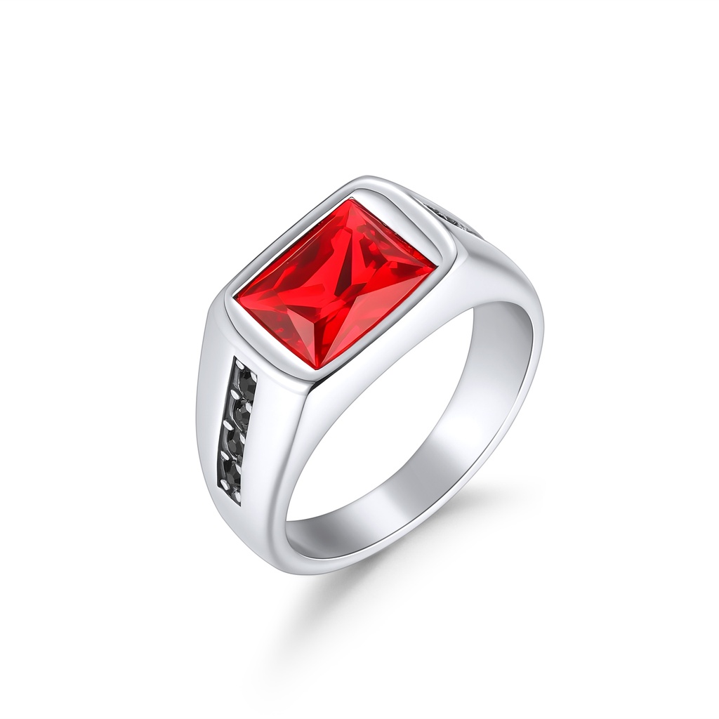 Men’s Stainless Steel Ring with Red Square CZ Stone