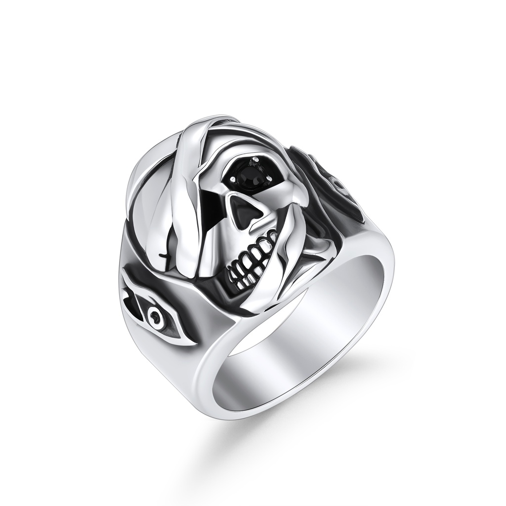 Men’s Stainless Steel Skull Ring with Black Eye Detailing