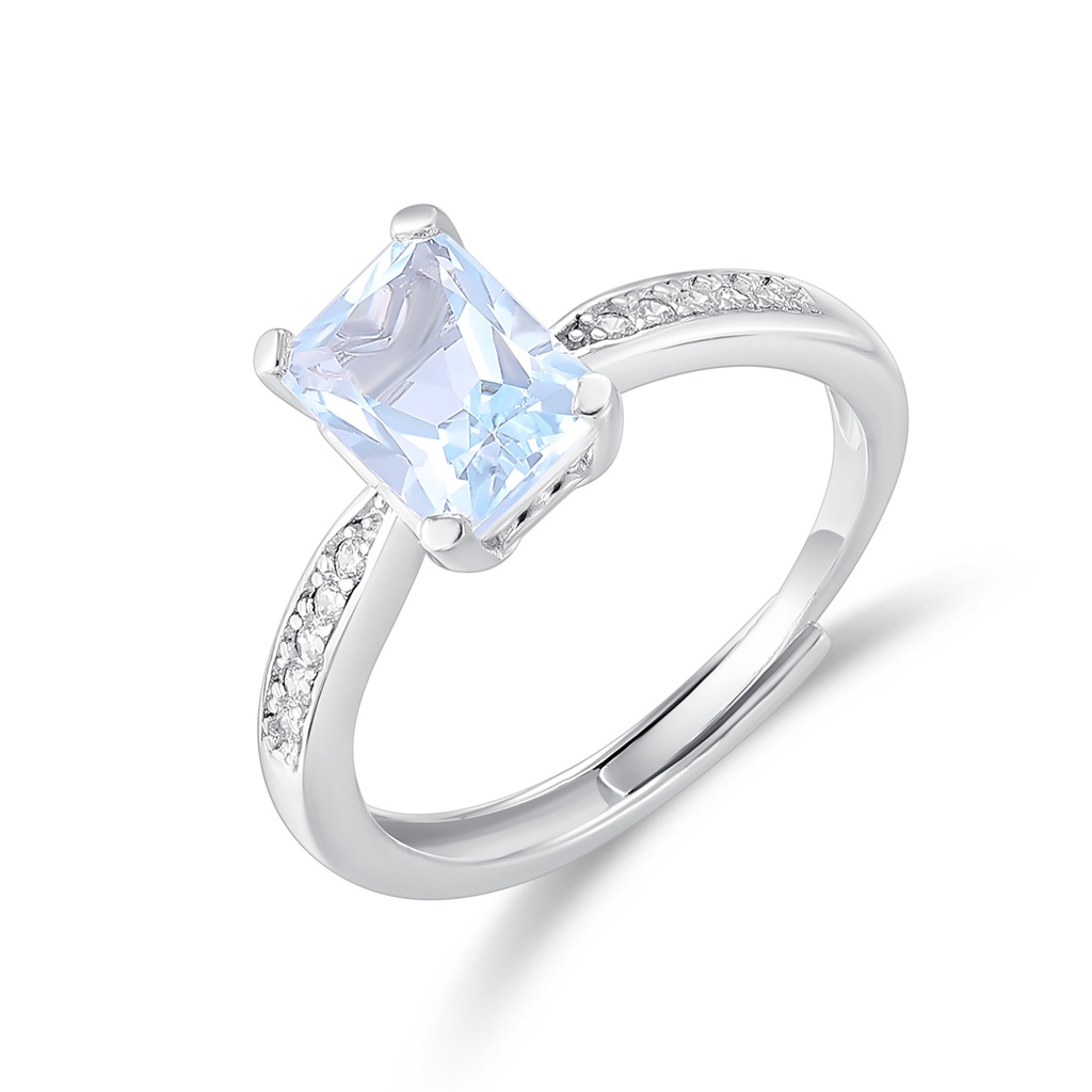 Minimalist Blue Emerald-Cut Ring with Pavé Crystal Band