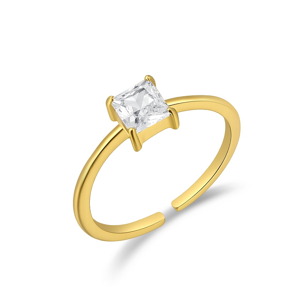 Minimalist Gold Ring – Princess Cut Crystal, Elegant Open Band