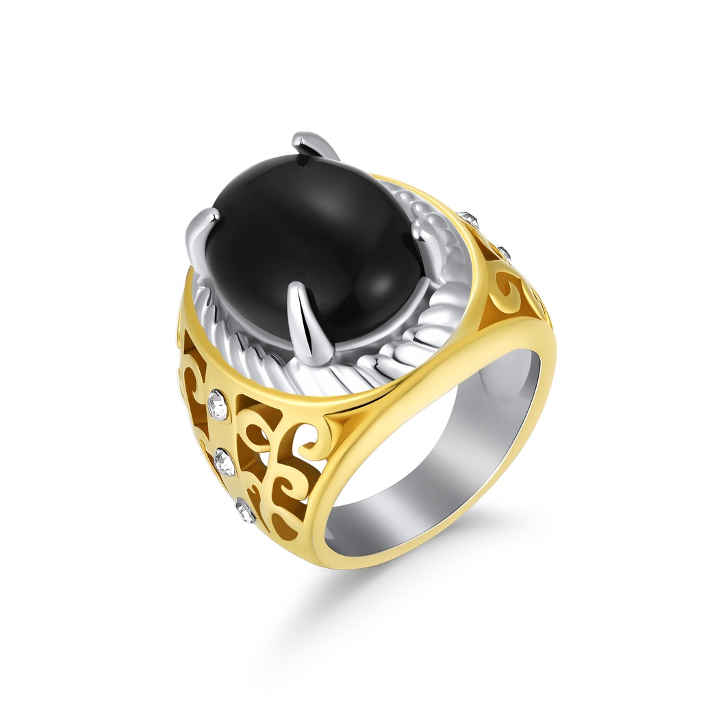 Bold Gold Stainless Steel Ring with Black Stone and Crystals