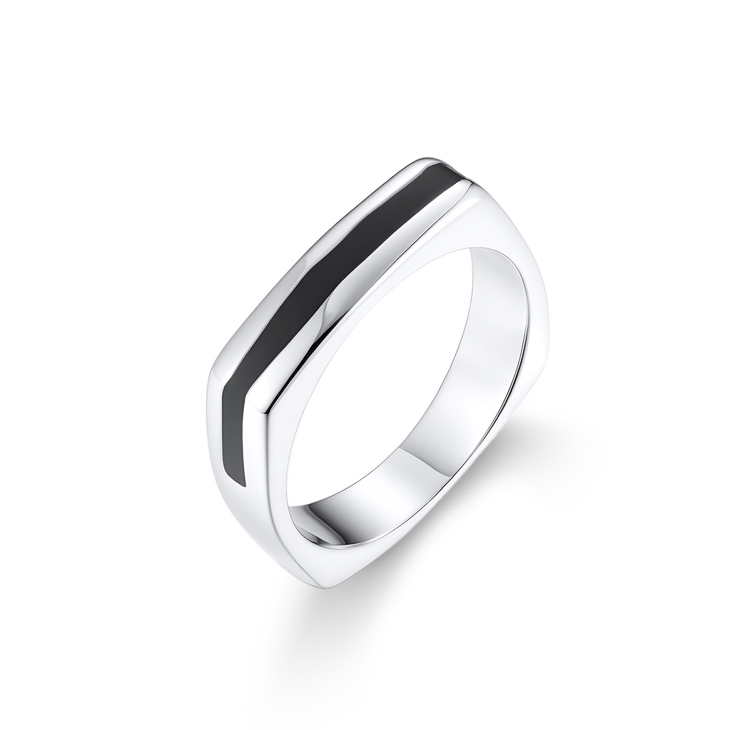 Minimalist Square Stainless Steel Ring with Sleek Black Accent