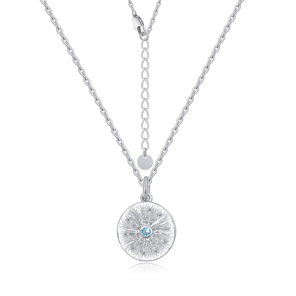 Minimalist sunburst necklace with bright blue center crystal accent.