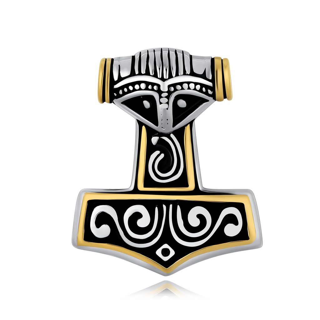 Mjölnir pendant with gold-tone edges and ancient Scandinavian symbolism.