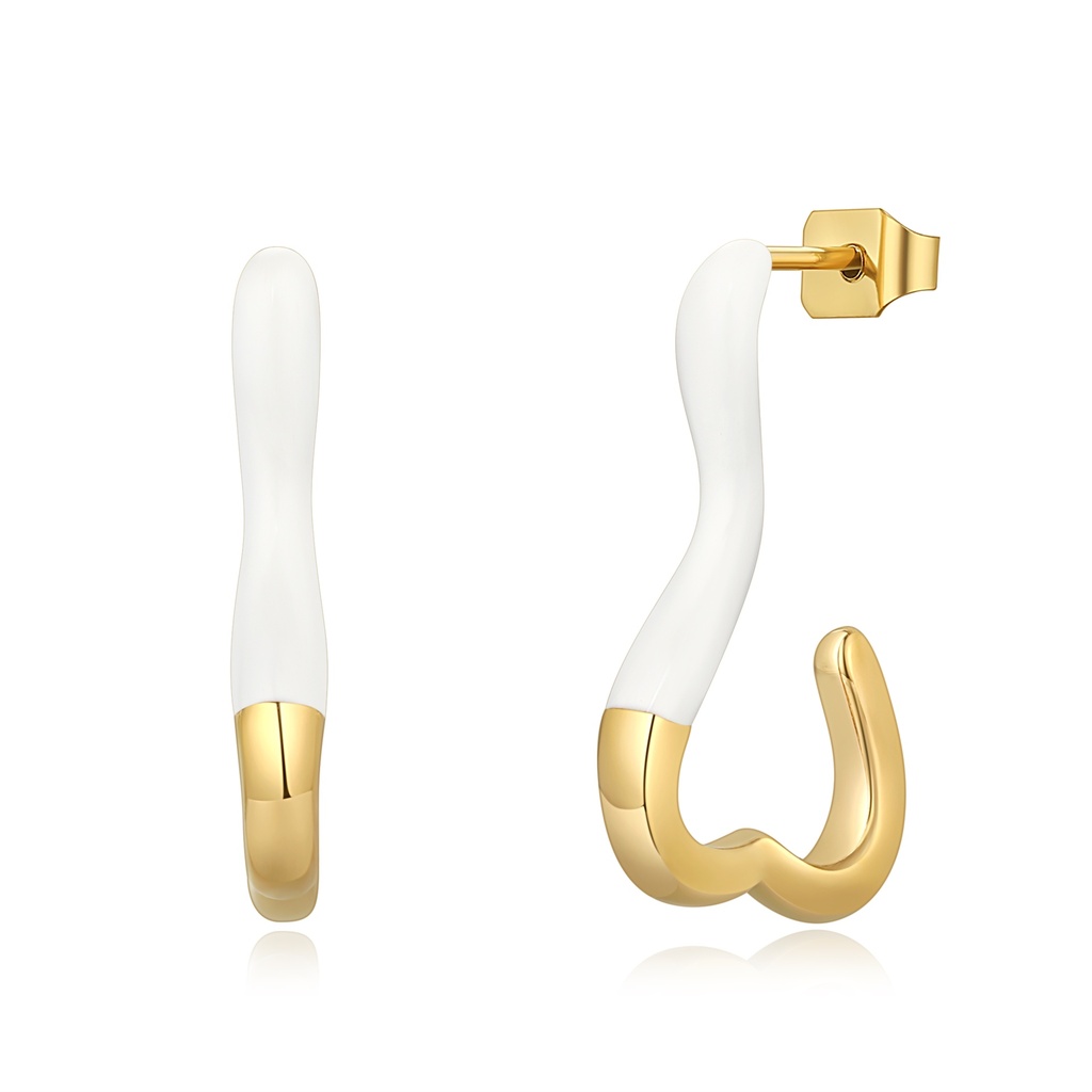Modern Abstract White Enamel Gold Stainless Steel Hoop Earrings