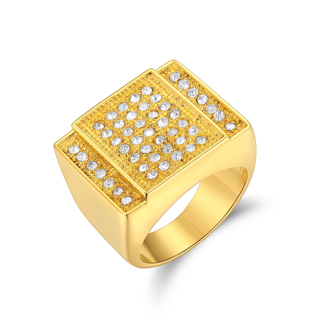 Bold Gold-Tone Stainless Steel Ring with Crystal Studded Top