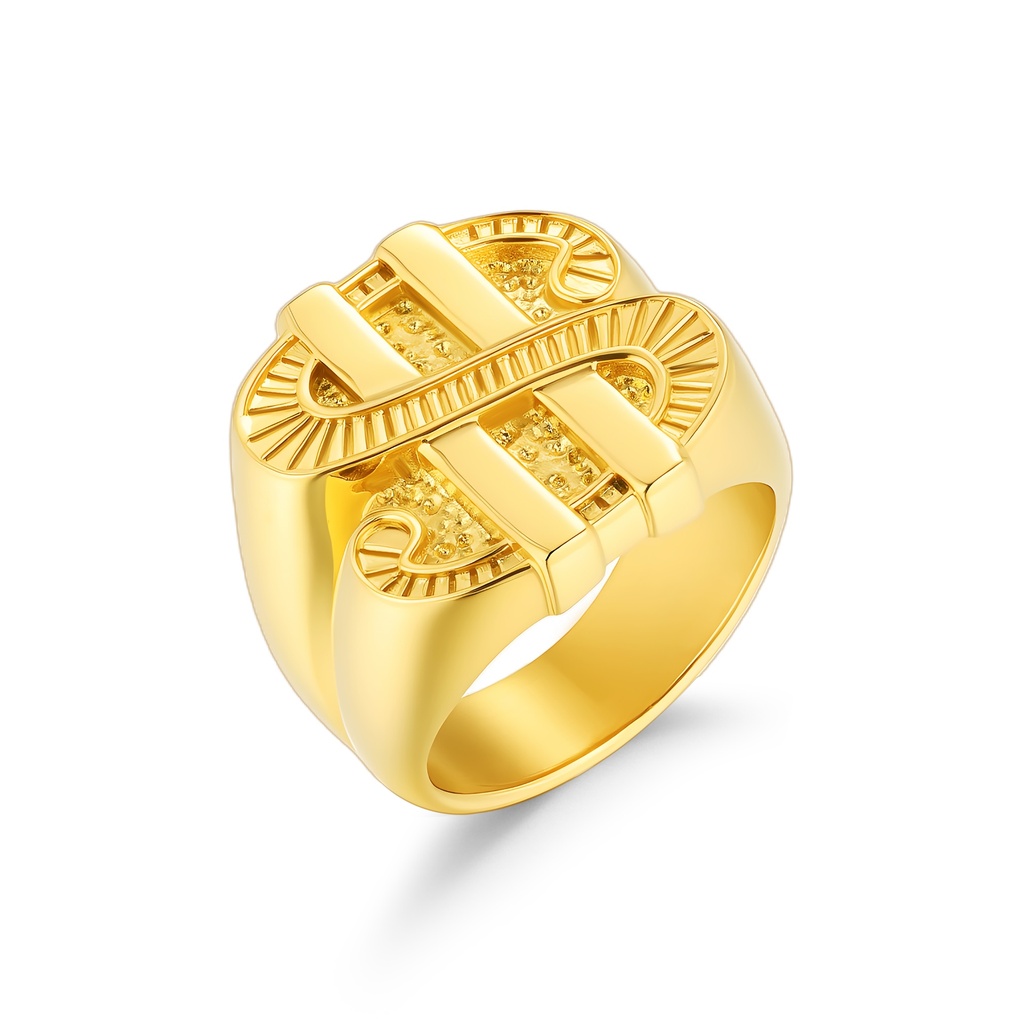 Bold Gold-Tone Stainless Steel Ring with Intricate Dollar Design