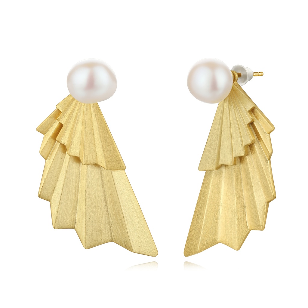 Modern Geometric Brass Earrings with Elegant Fan and Pearl Accents