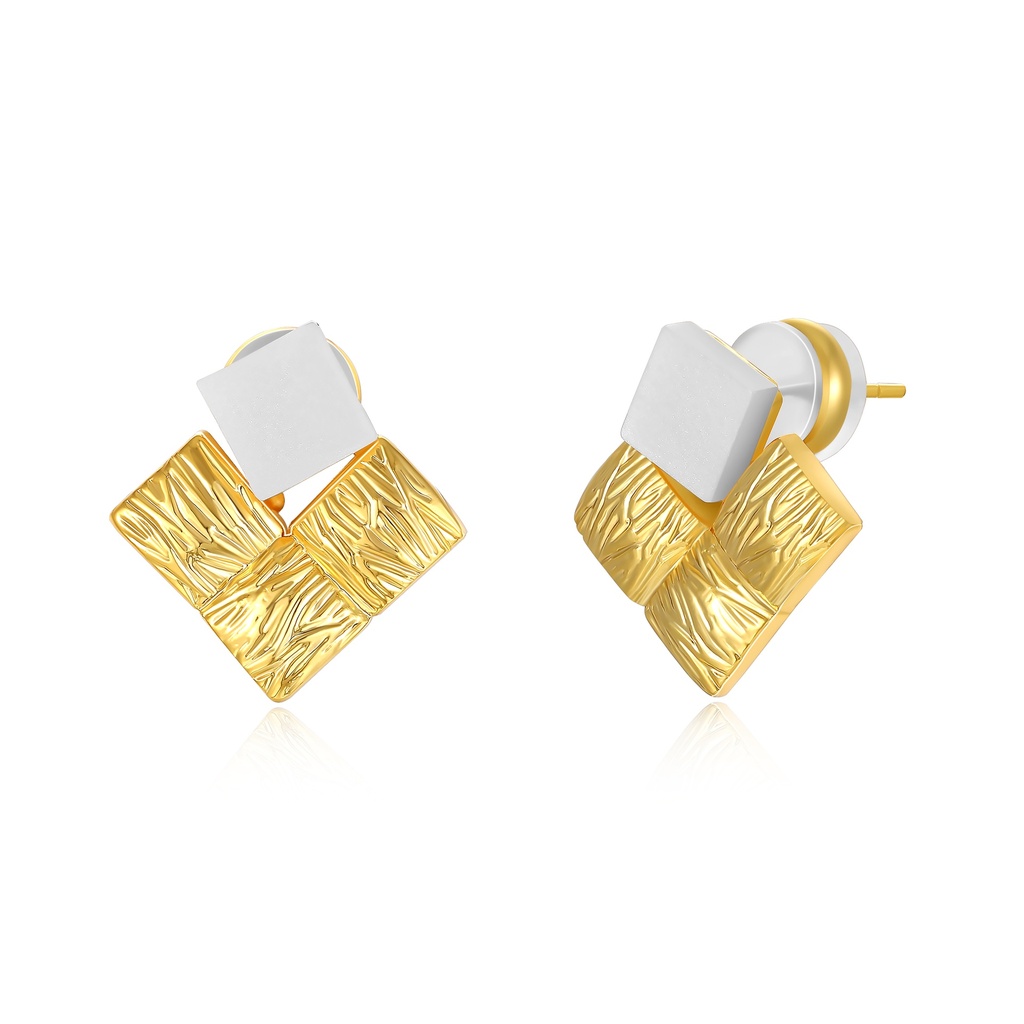 Modern Geometric Earrings with Textured Gold and White Square