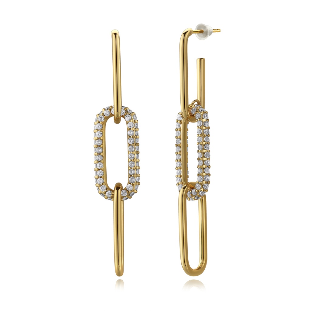 Modern Gold Link Drop Earrings with Pave Detailing