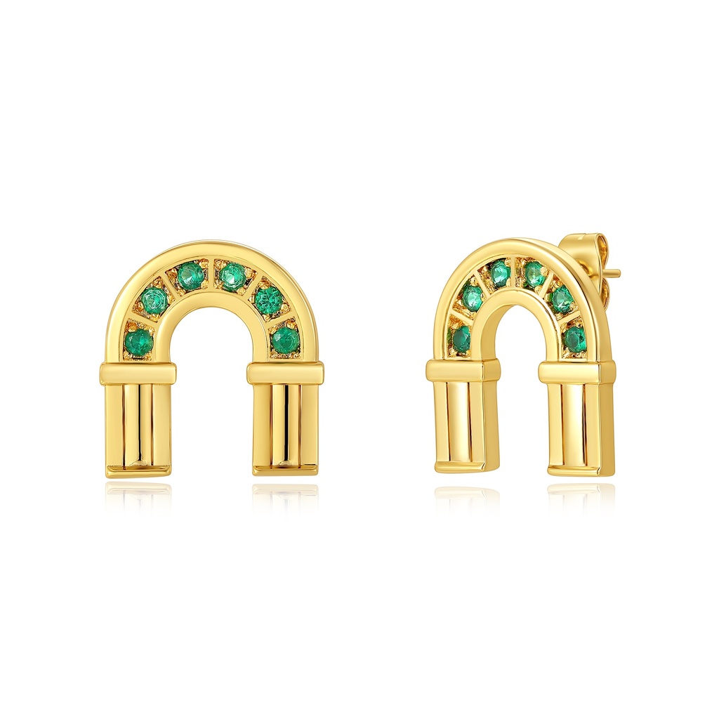 Modern Gold Stainless Steel Earrings with Green Crystal Arch Design