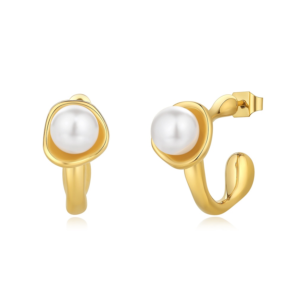 Modern Gold Stainless Steel Pearl Stud Hoop Earrings for Women