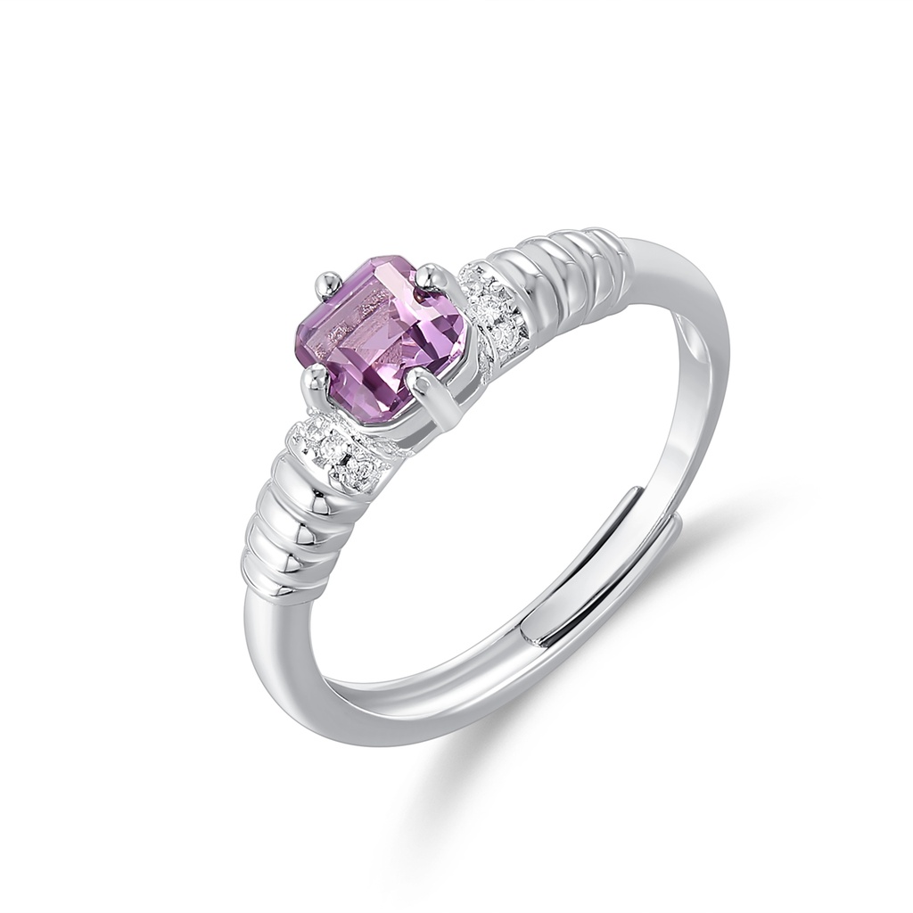 Modern Purple Emerald-Cut Ring with Ribbed Stainless Steel Band