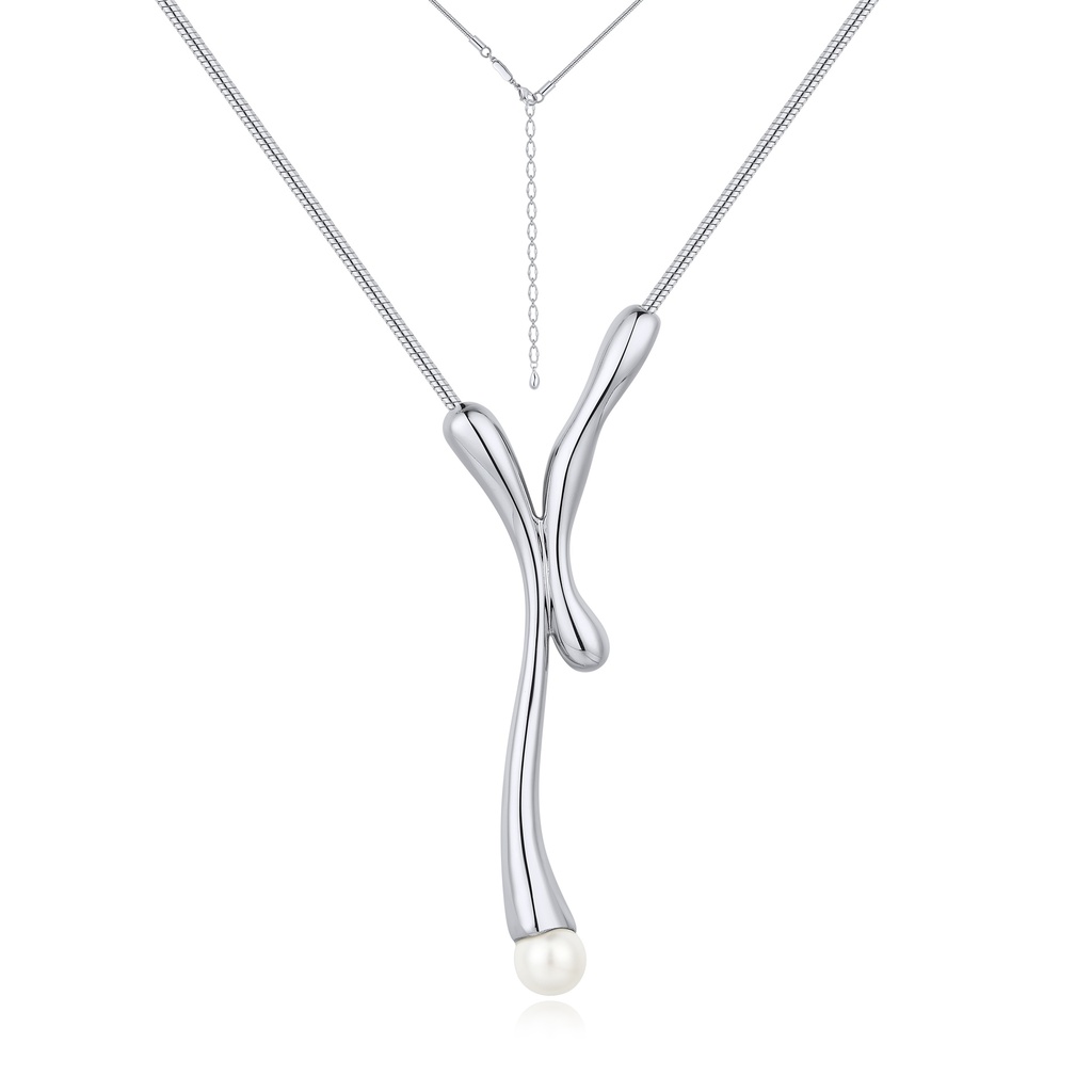 Modern Sculptural Y Necklace with Pearl Drop Accent