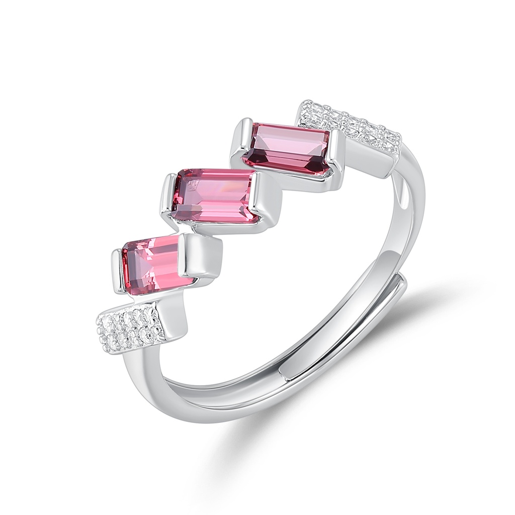 Modern Silver Ring with Step-Cut Pink Gemstones and Sparkle