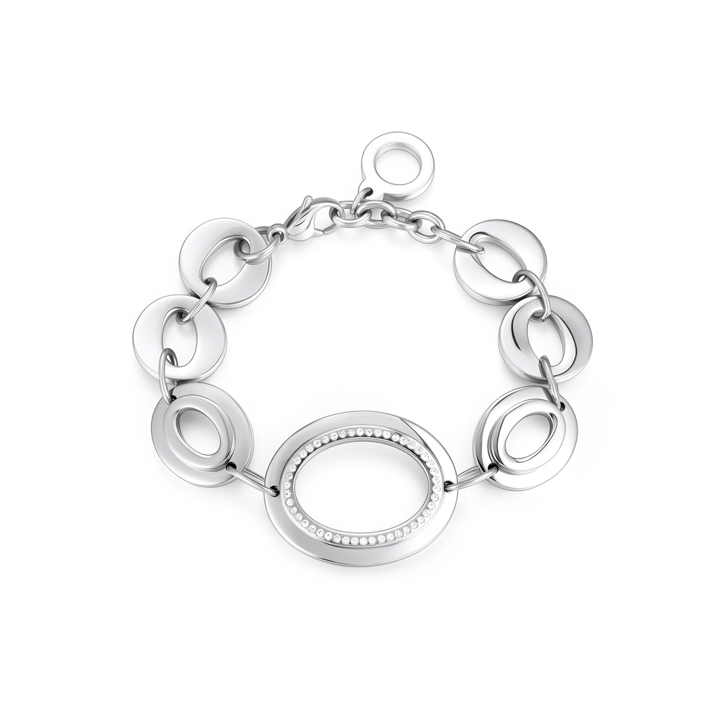 Modern Stainless Steel Bracelet with Circular Links and Crystal Accent