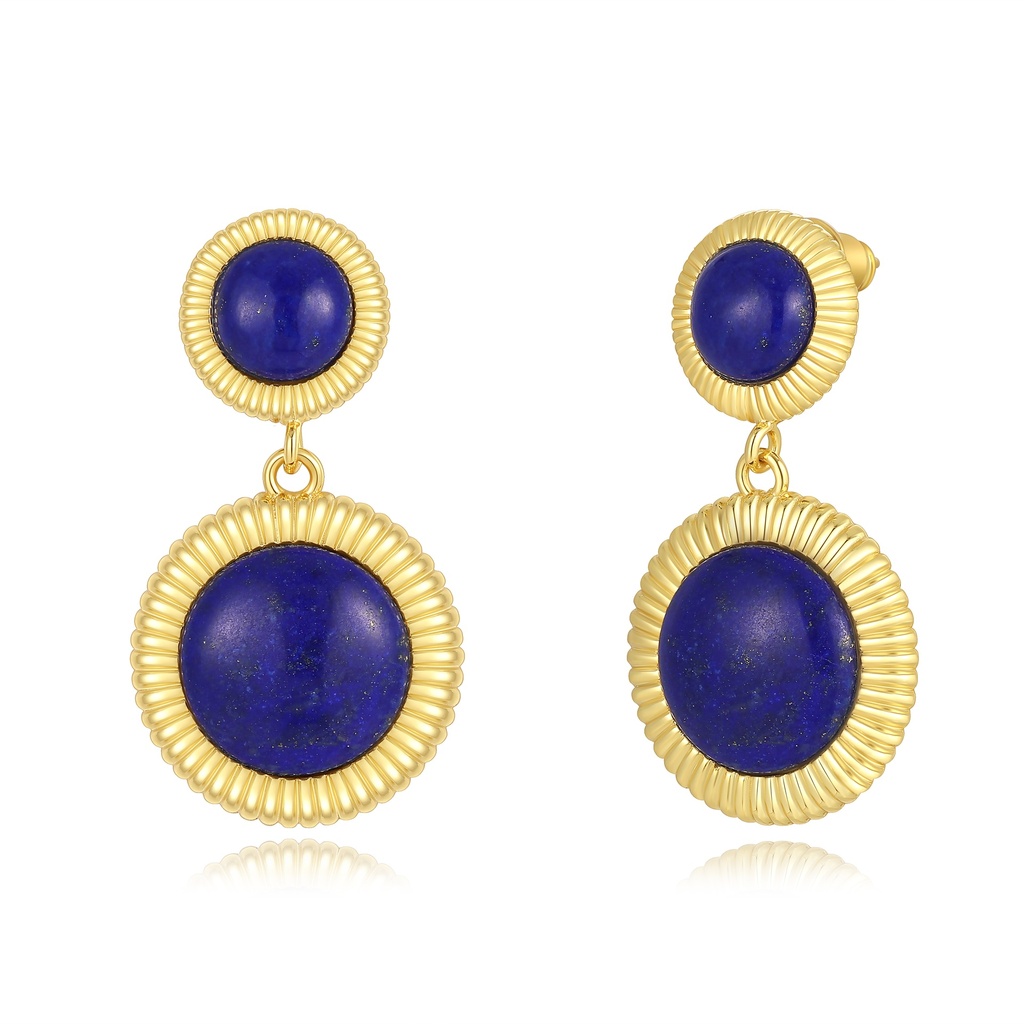 [JY18E0246] Bold Lapis Blue Earrings with Textured Gold Circle Setting