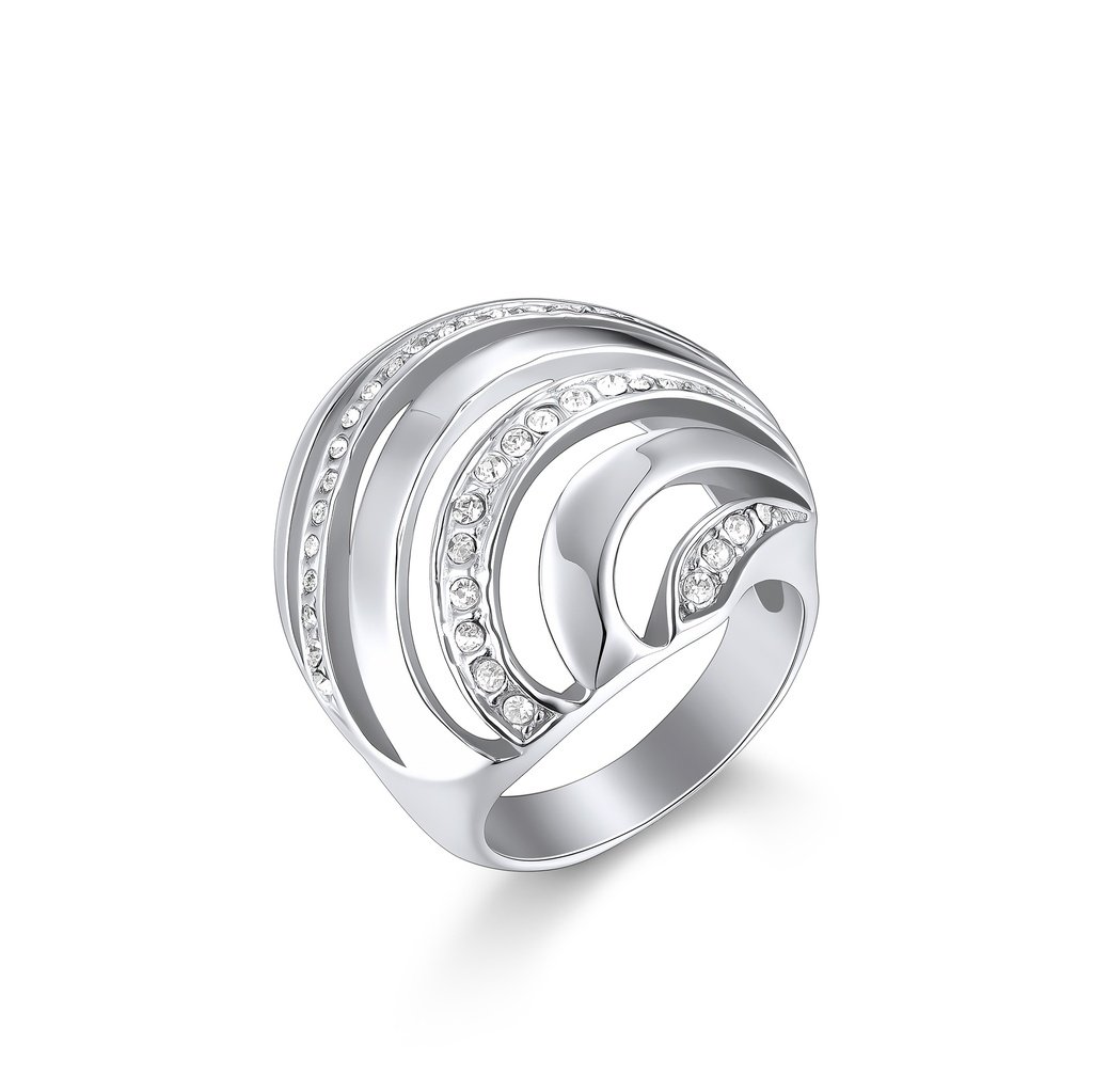 Modern Stainless Steel Ring with Sparkling Curved Crystal Wave Design
