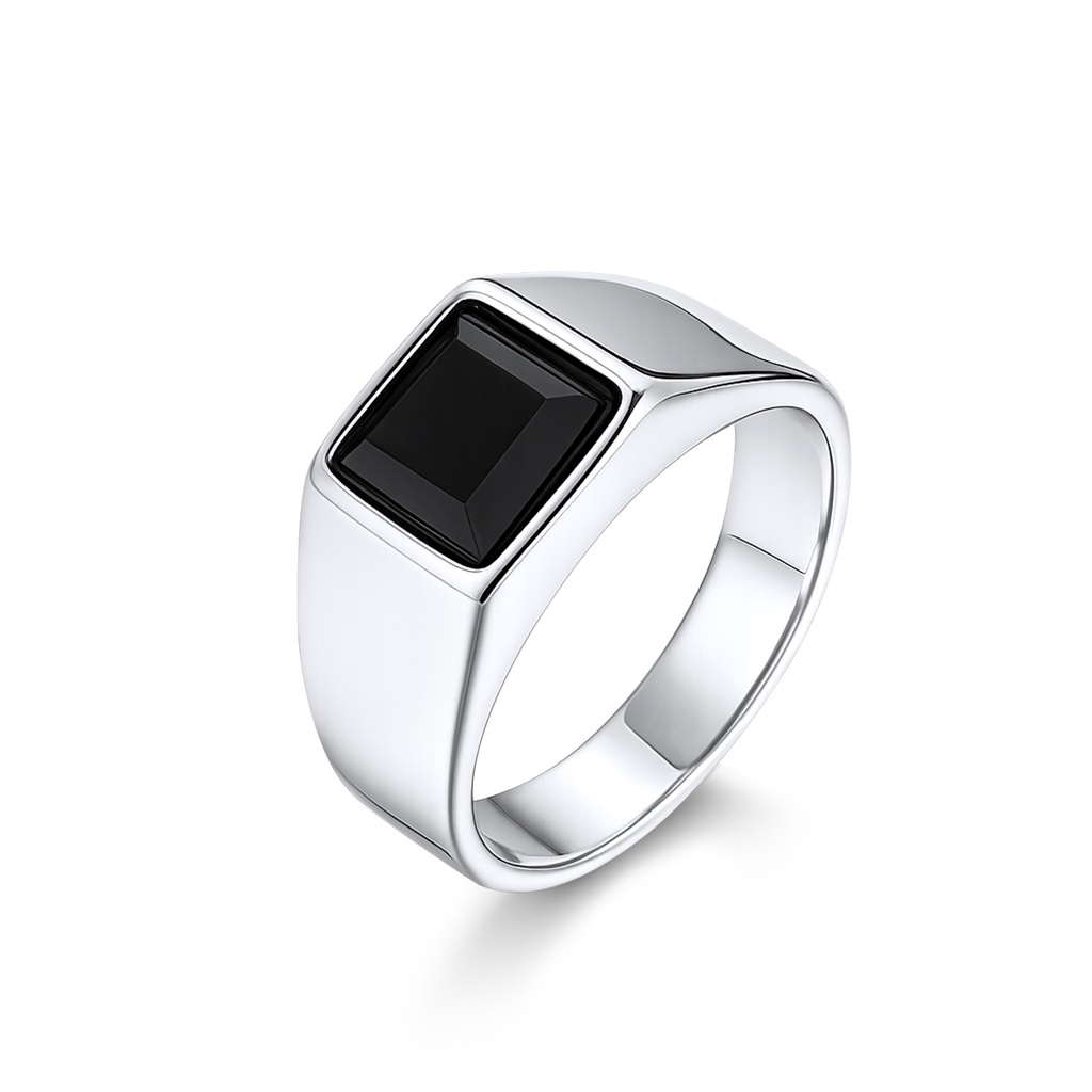 Modern Stainless Steel Signet Ring with Black Square Gemstone