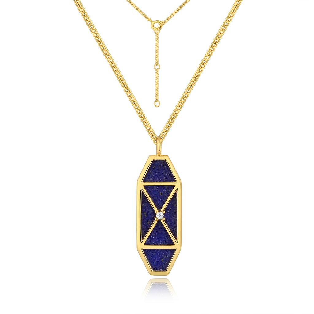 Modern geometric pendant with lapis in gold and crystal center