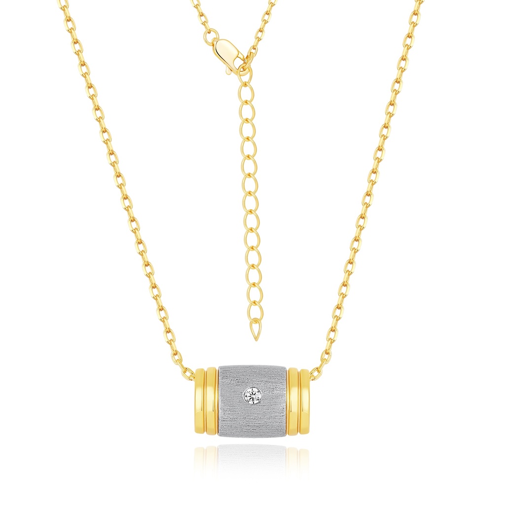 Modern gold necklace with brushed silver barrel and crystal accent.