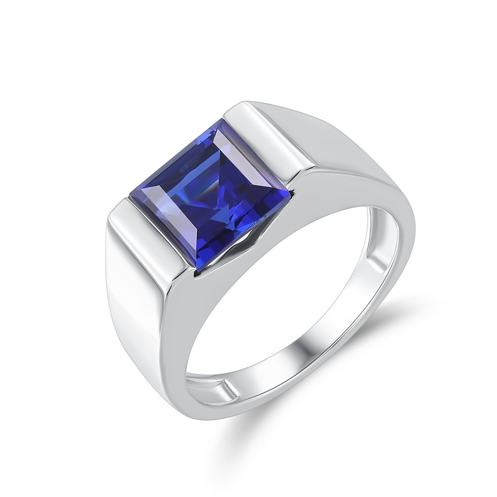 Bold Men’s Ring with Deep Blue Square-Cut Sapphire Accent