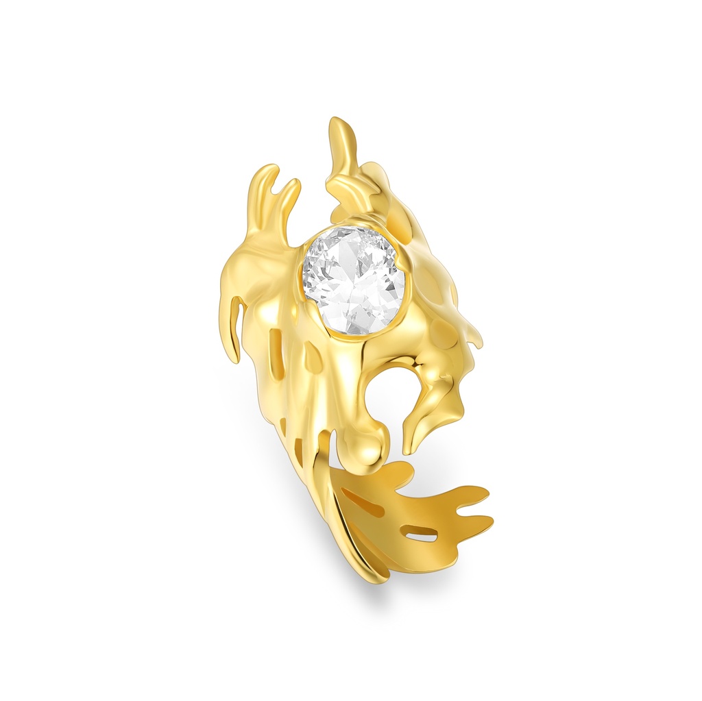Molten Gold Stainless Steel Ring with Central Sparkling White Crystal