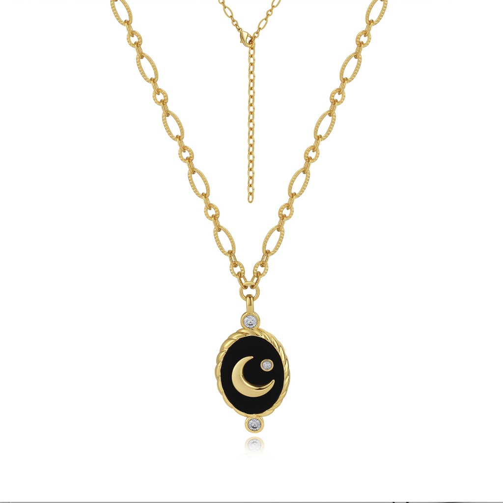 Moon and Star Oval Pendant Necklace with Black Enamel Detail