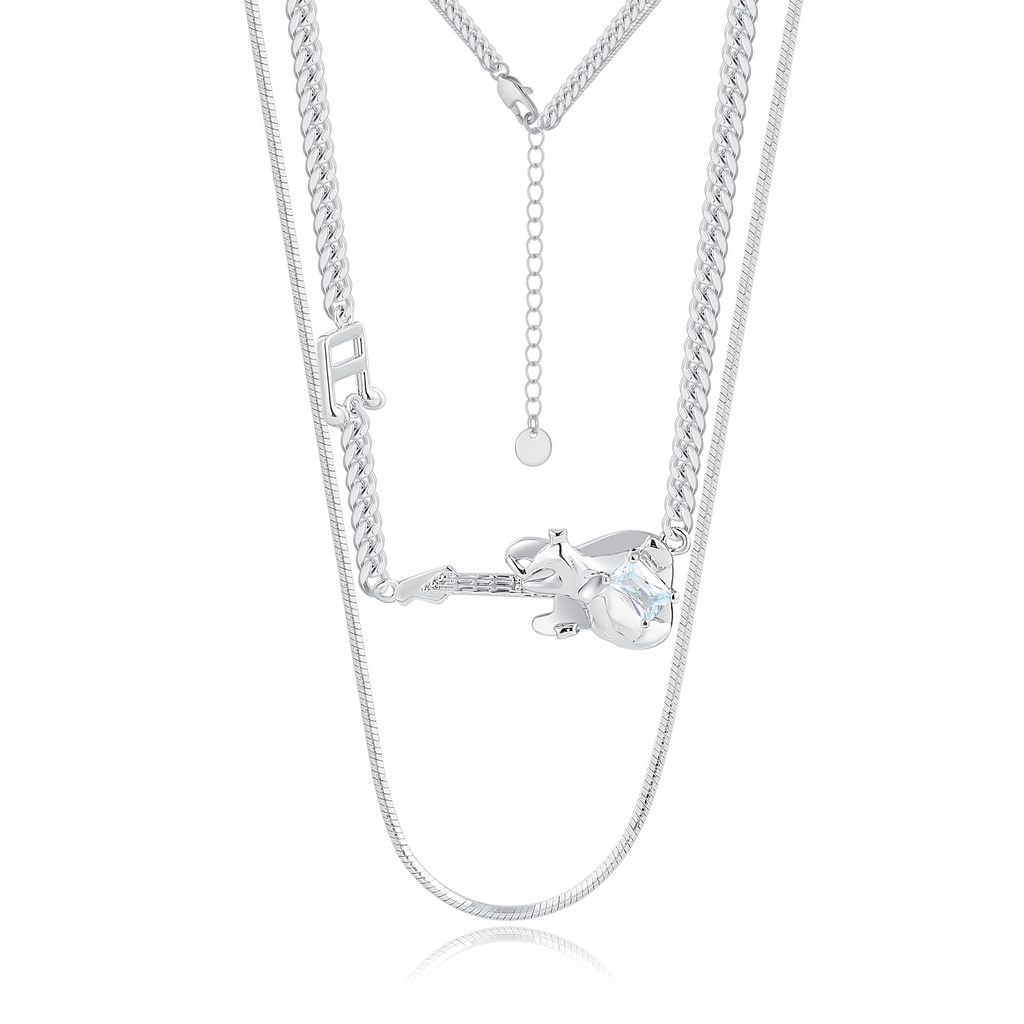 Multi-Layered Silver Necklace with Heart, Music, and Sword Motifs
